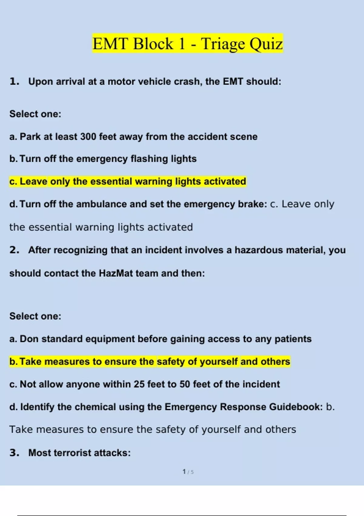 EMT Block 1 Triage Quiz Questions and Answers (2024 / 2025) (Verified Answers) West coast