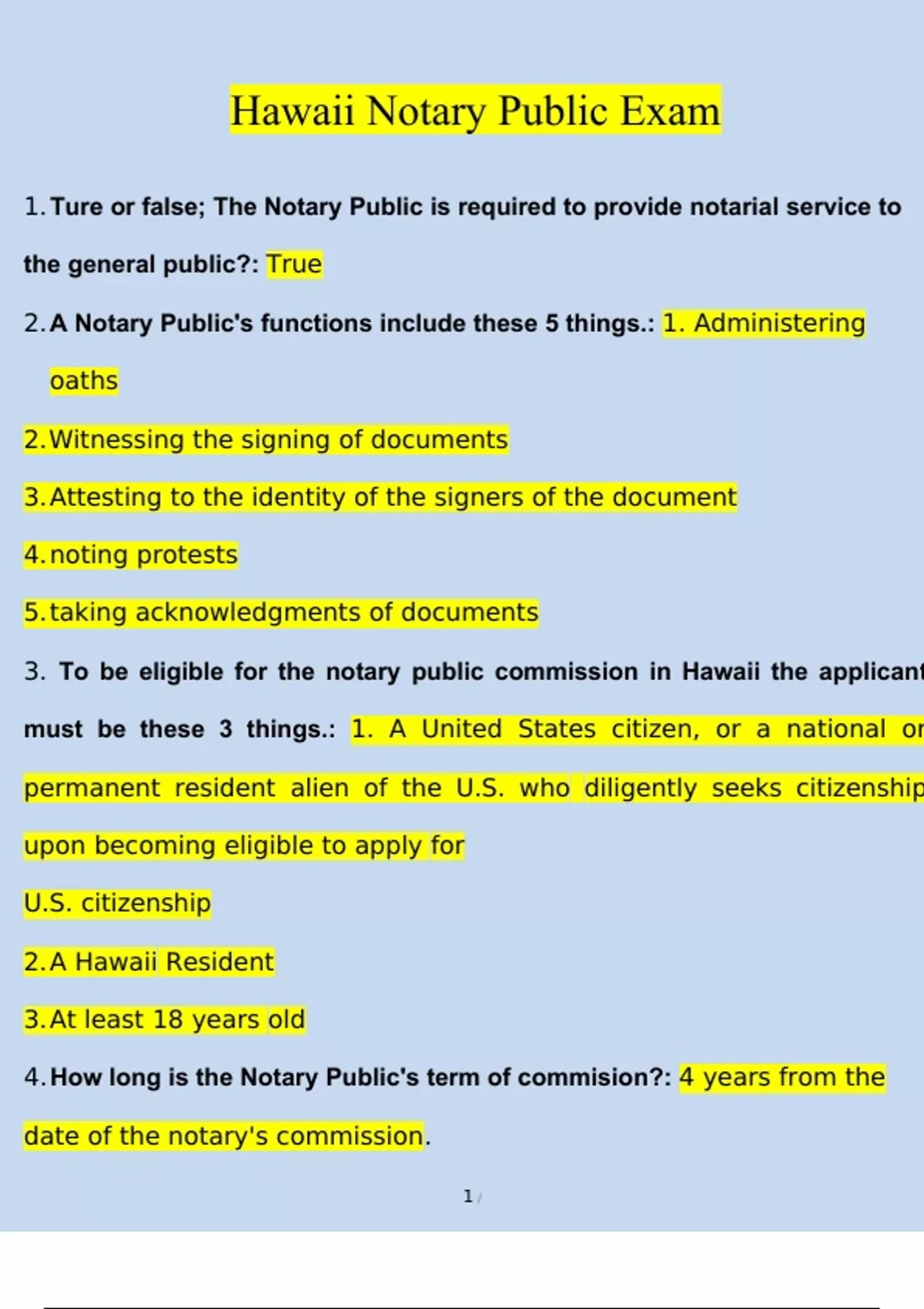 Hawaii Notary Public Exam Questions and Answers (2024 / 2025) (Verified