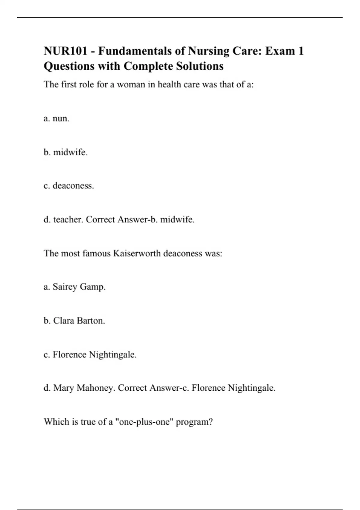 NUR101 - Fundamentals of Nursing Care: Exam 1 Questions with Complete ...