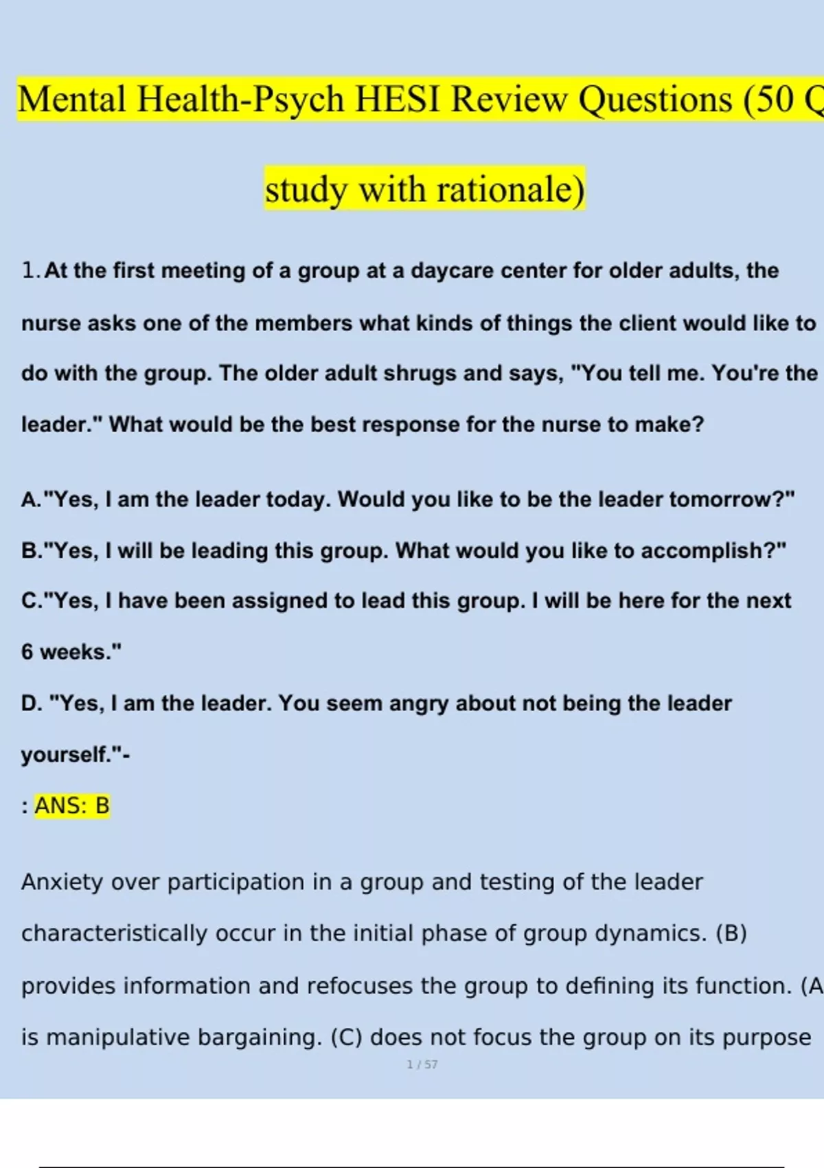 Mental Health-Psych HESI Review Questions (50 Q study with rationale ...