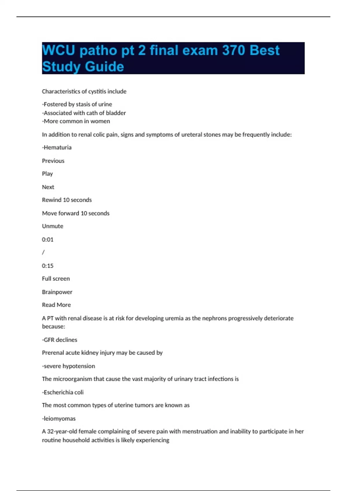 WCU patho pt 2 final exam 370 Best Study Guide - Patho 370 - Stuvia US