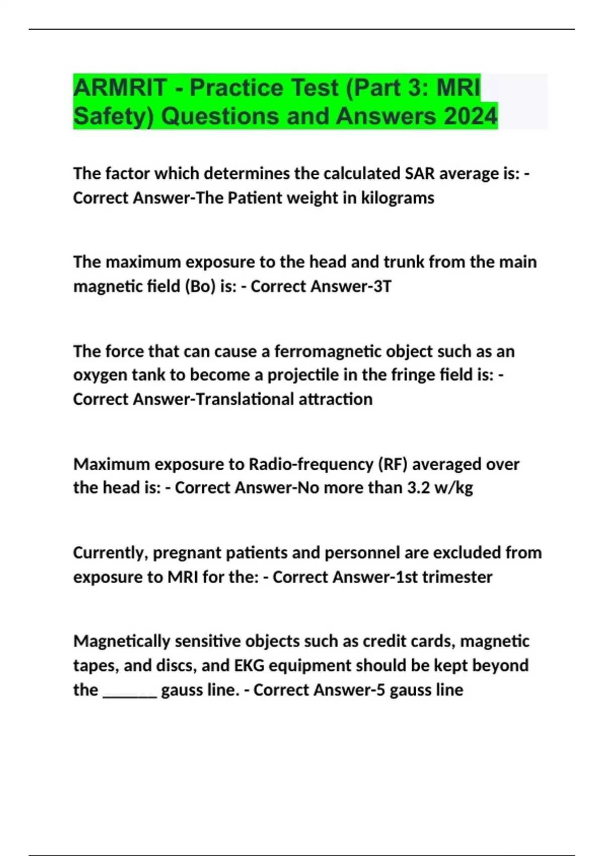 ARMRIT - Practice Test (Part 3: MRI Safety) Questions and Answers 2024 ...