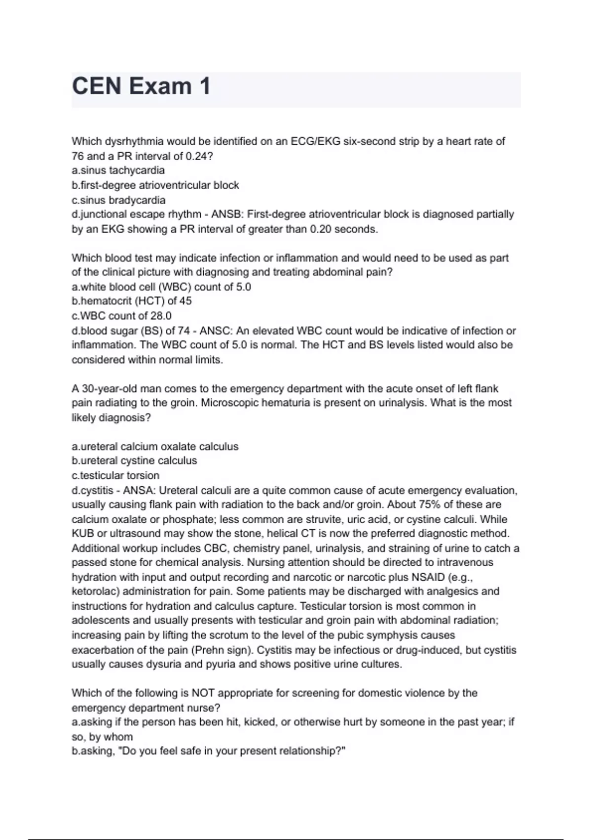 CEN Exam 1 (2024/2025) Test Questions and Detailed Correct Answer 100% ...