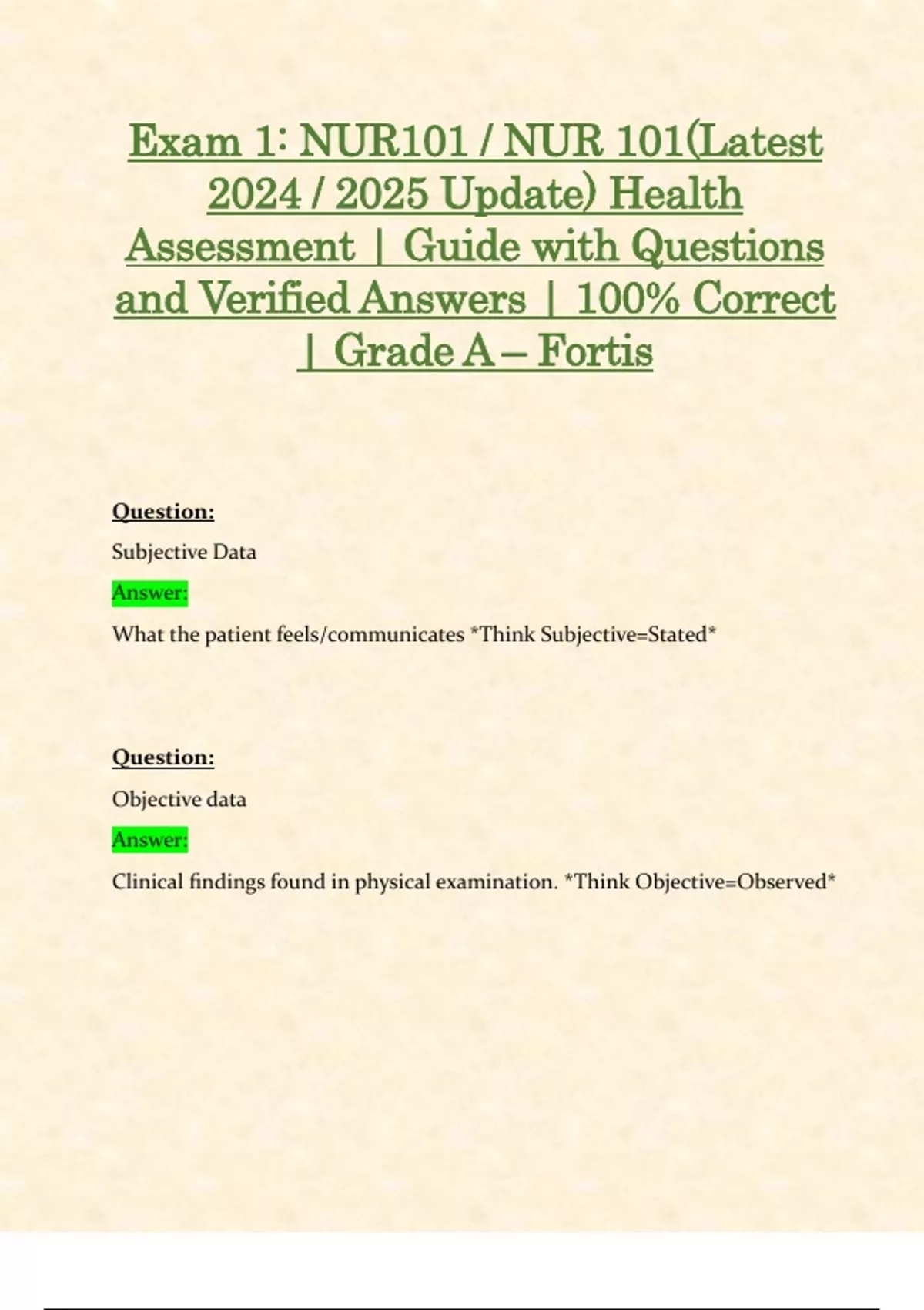 Exam 1: NUR101 / NUR 101 (Latest 2024 / 2025 Update) Health Assessment ...