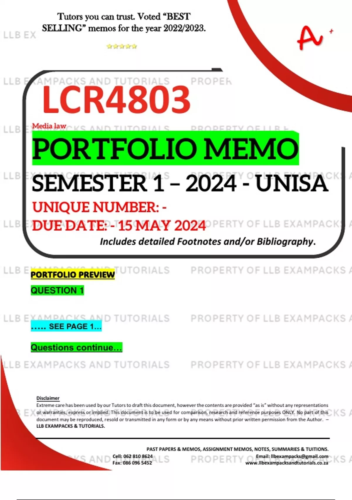 LCR4803 PORTFOLIO MEMO - MAY/JUNE 2024 - SEMESTER 1 - UNISA - DUE DATE ...