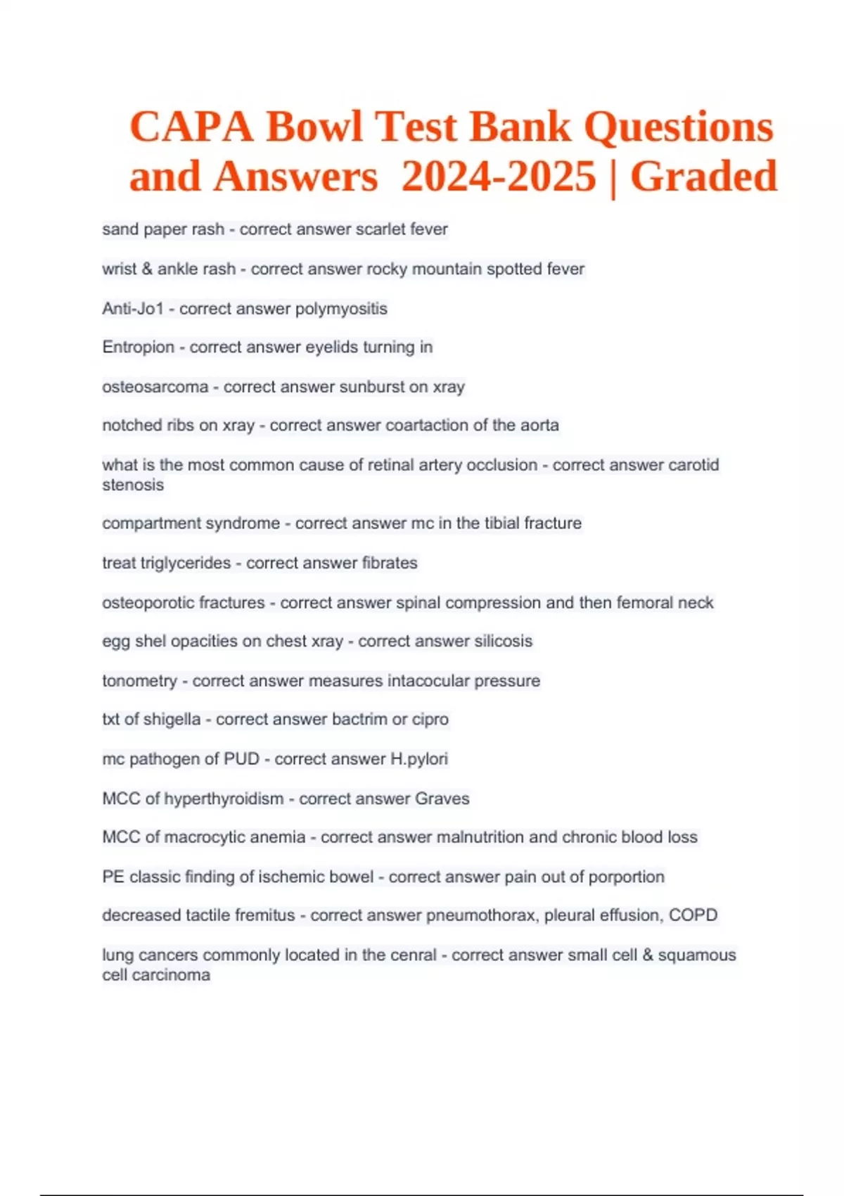 Capa Test CAPA Bowl Test Bank Questions and Answers Latest Updated Graded | CAPA ...