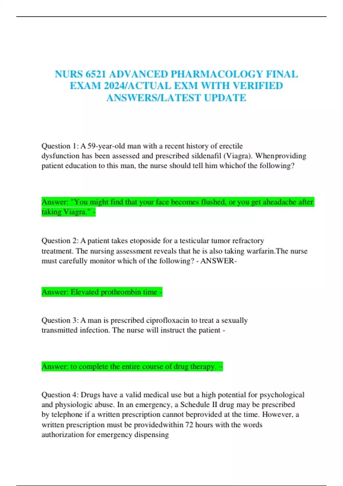 NURS 6521 ADVANCED PHARMACOLOGY FINAL EXAM 2024/ACTUAL EXM WITH ...
