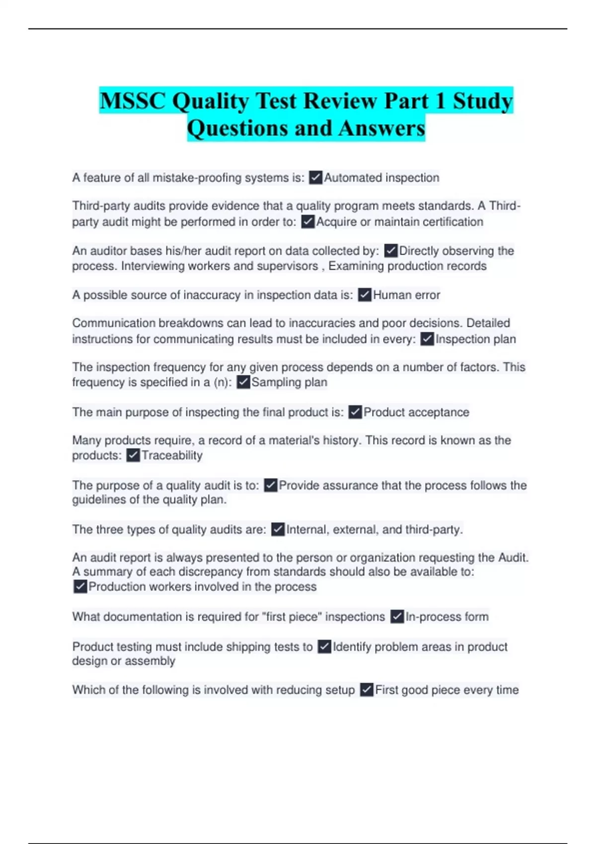 Mscc Questions MSSC Quality Test Review Part 1 Study Questions and Answers - MSSC ...