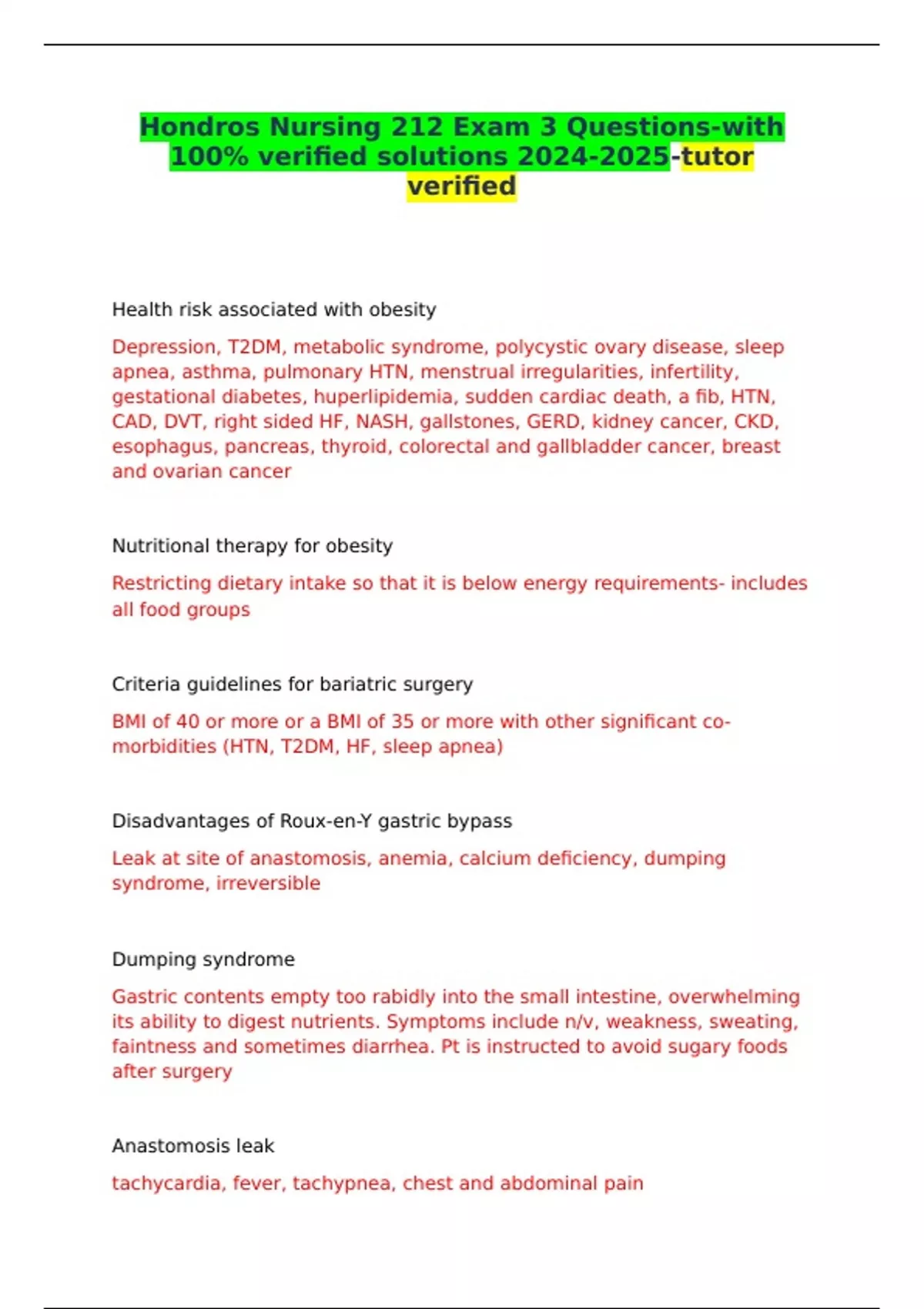 Hondros Nursing 212 Exam 3 Questions-with 100% verified solutions ...
