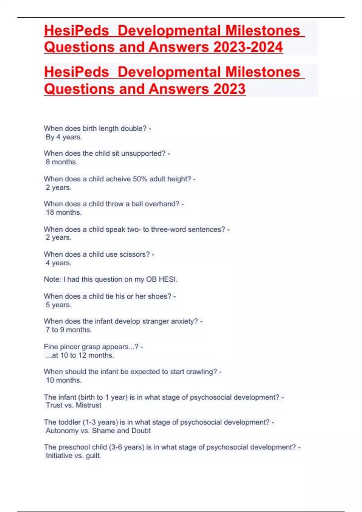HesiPeds Developmental Milestones Questions and Answers - HesiPeds ...
