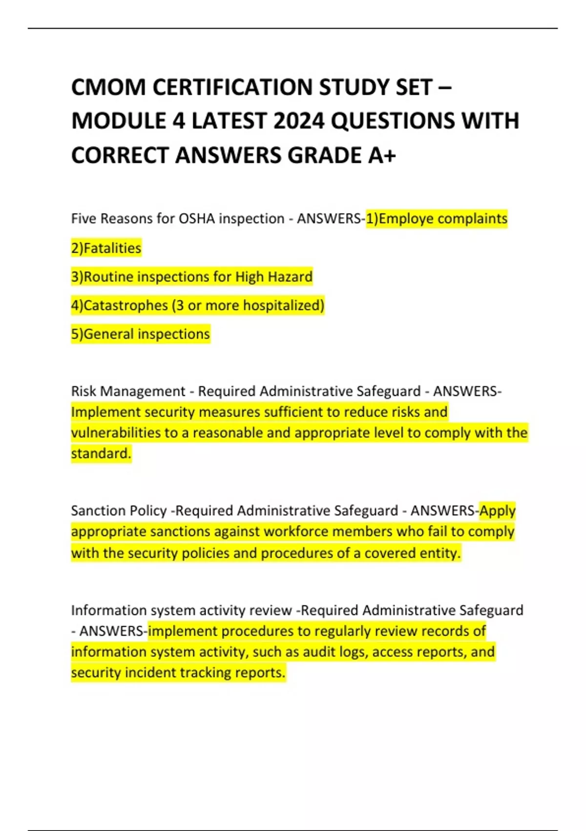 CMOM CERTIFICATION STUDY SET MODULE 4 LATEST 2024 QUESTIONS WITH