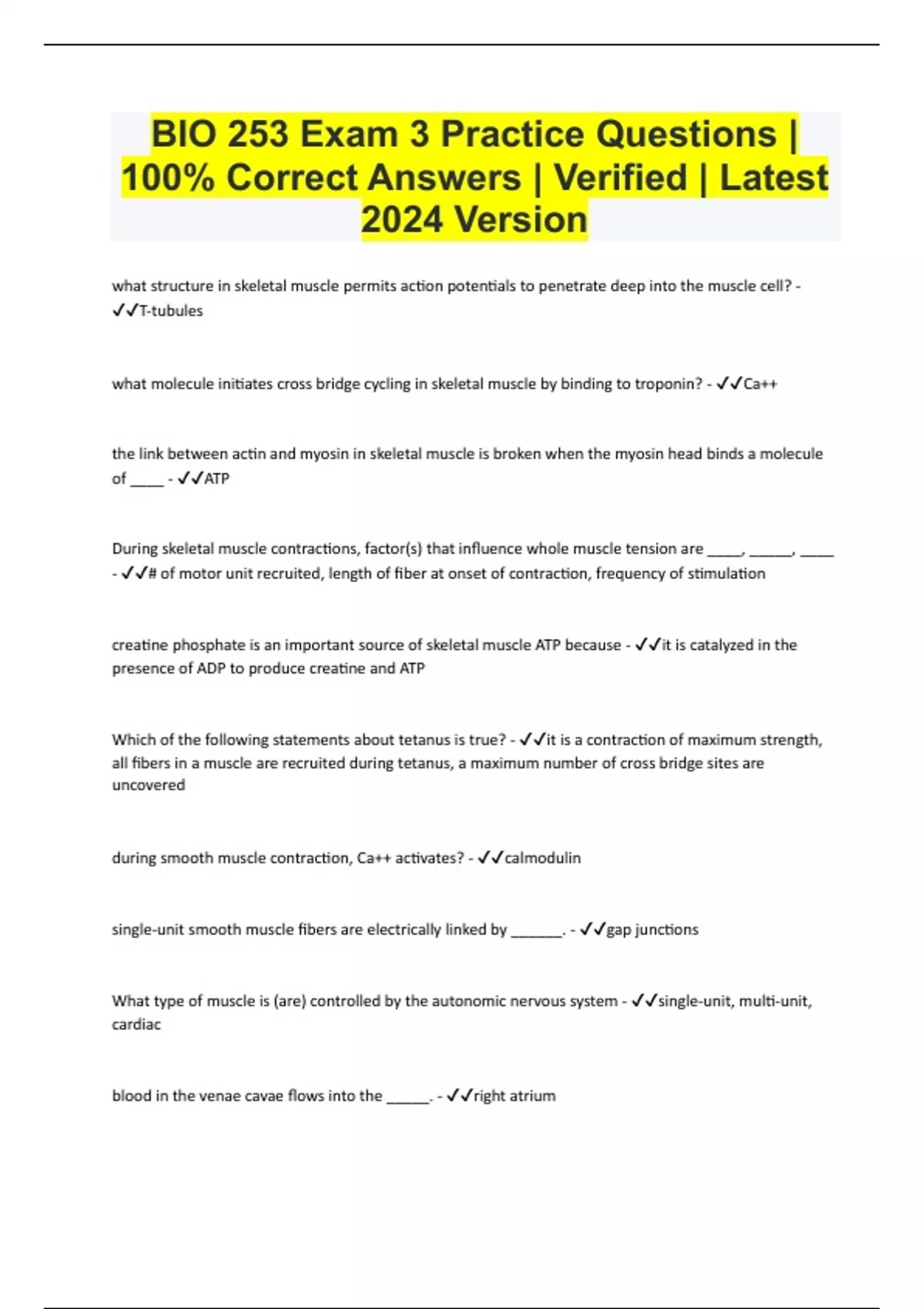 BIO 253 Exam 3 Practice Questions | 100% Correct Answers | Verified ...