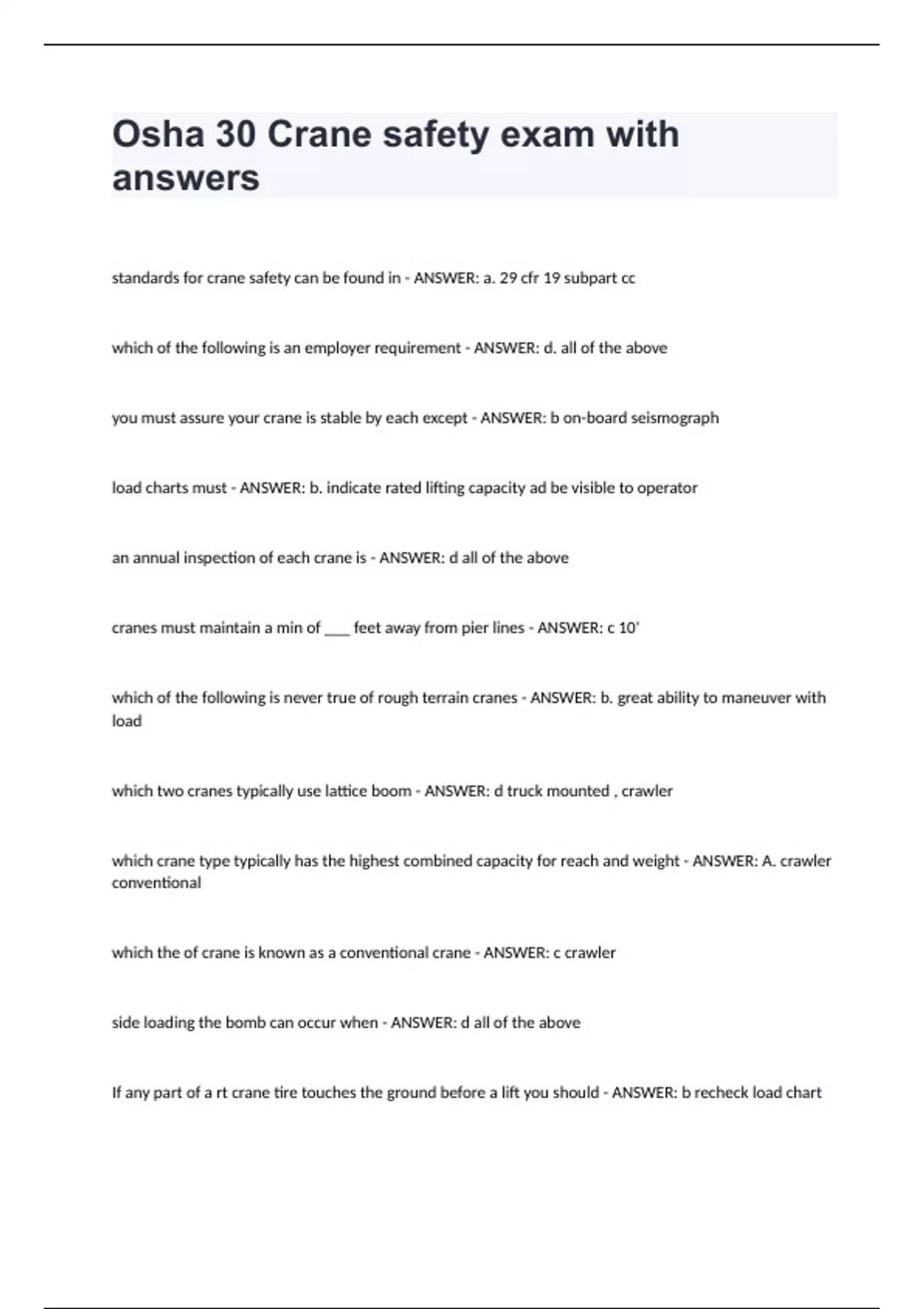 Osha 30 Crane safety exam with answers Crane Stuvia US