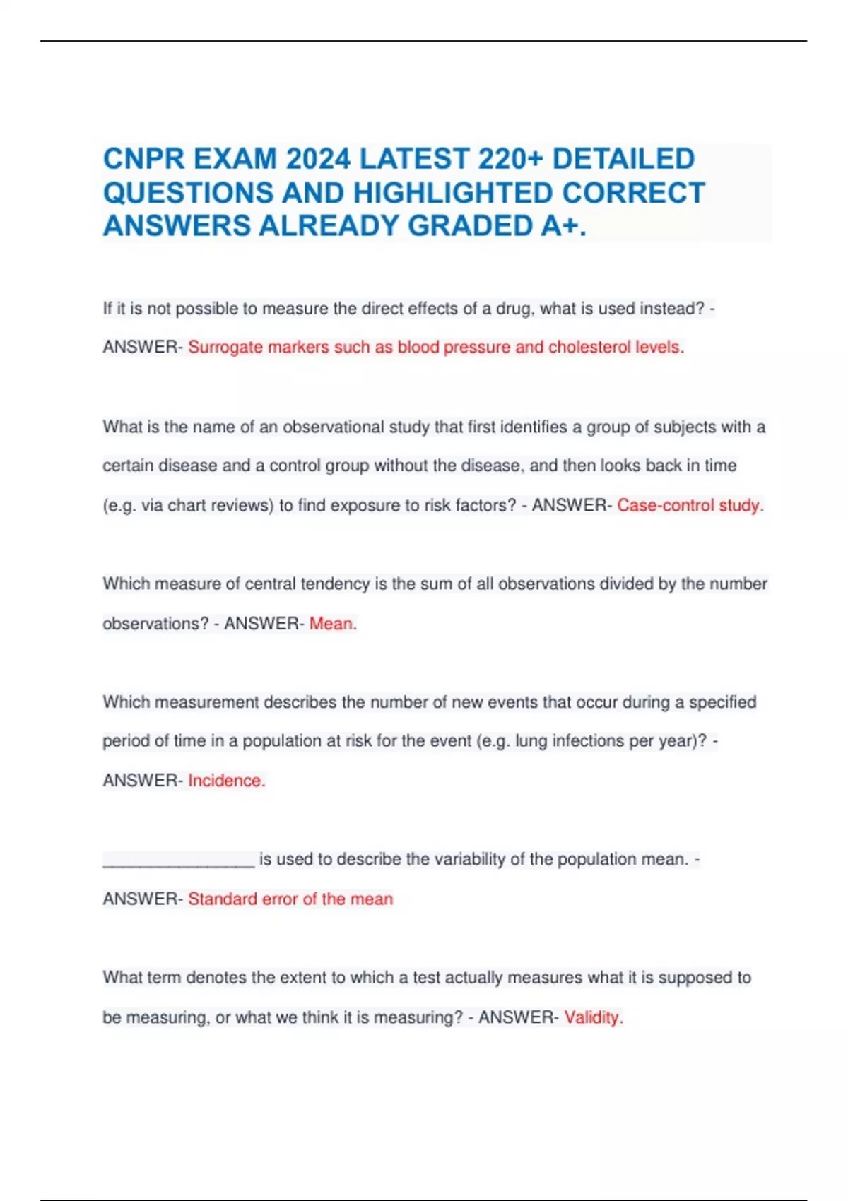 Detailed Questions CNPR EXAM 2024 LATEST 220+ DETAILED QUESTIONS AND HIGHLIGHTED CORRECT ...