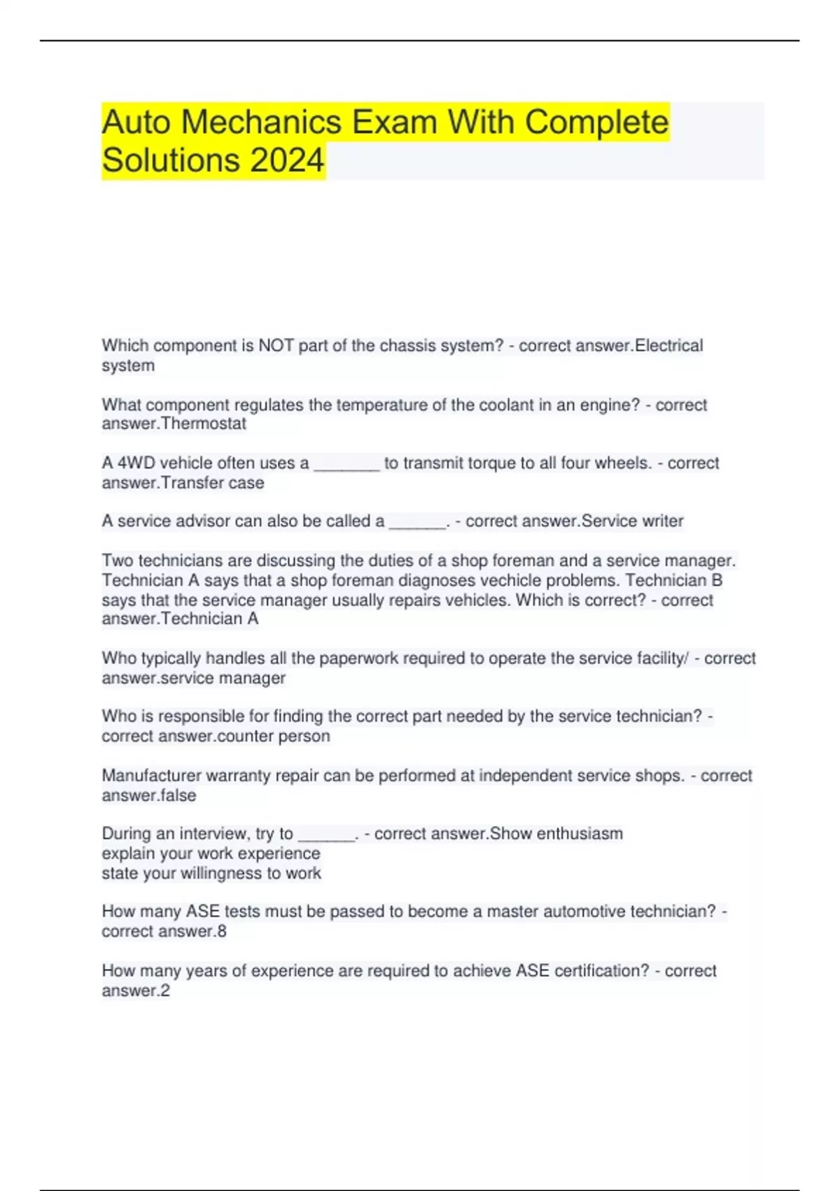 Auto Mechanics Exam With Complete Solutions 2024 - Auto Mechanics ...