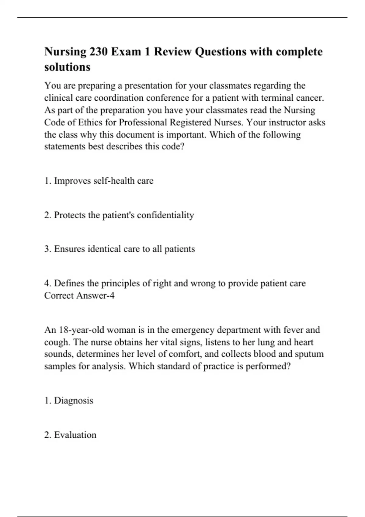 Nursing 230 Exam 1 Review Questions with complete solutions - Nurs 230 ...
