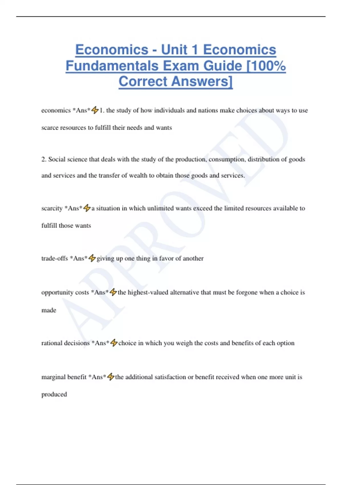 Economics - Unit 1 Economics Fundamentals Exam Guide [100% Correct ...