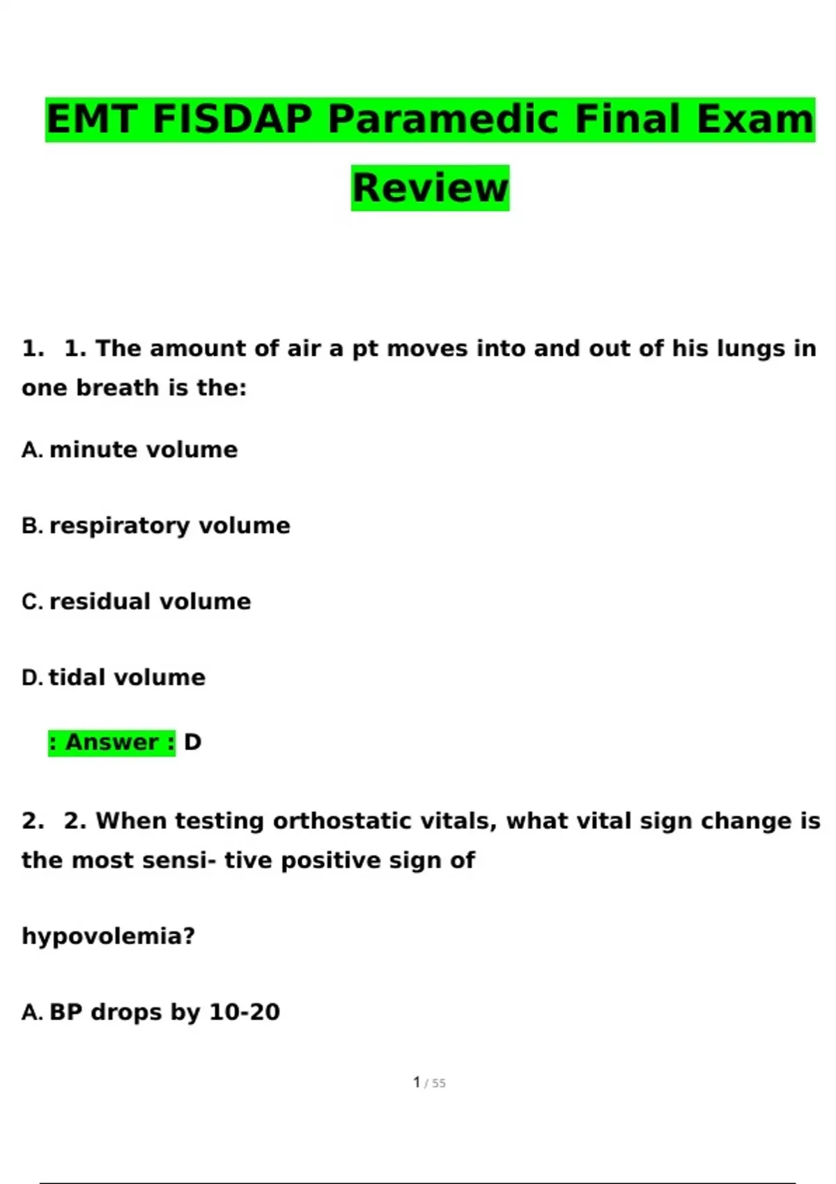 EMT FISDAP Paramedic Final Exam Review Questions and Answers 2024 / ...