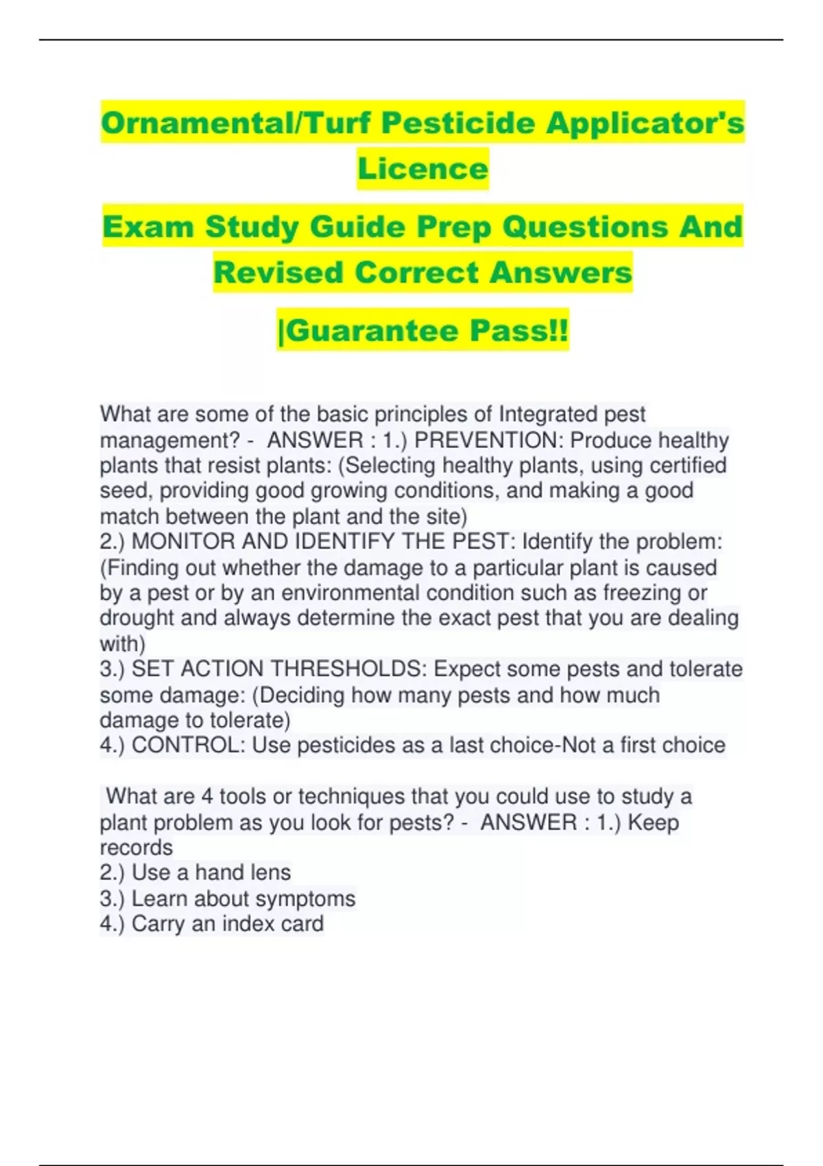 Ornamental/Turf Pesticide Applicator's Licence Exam Study Guide Prep Questions And Revised ...
