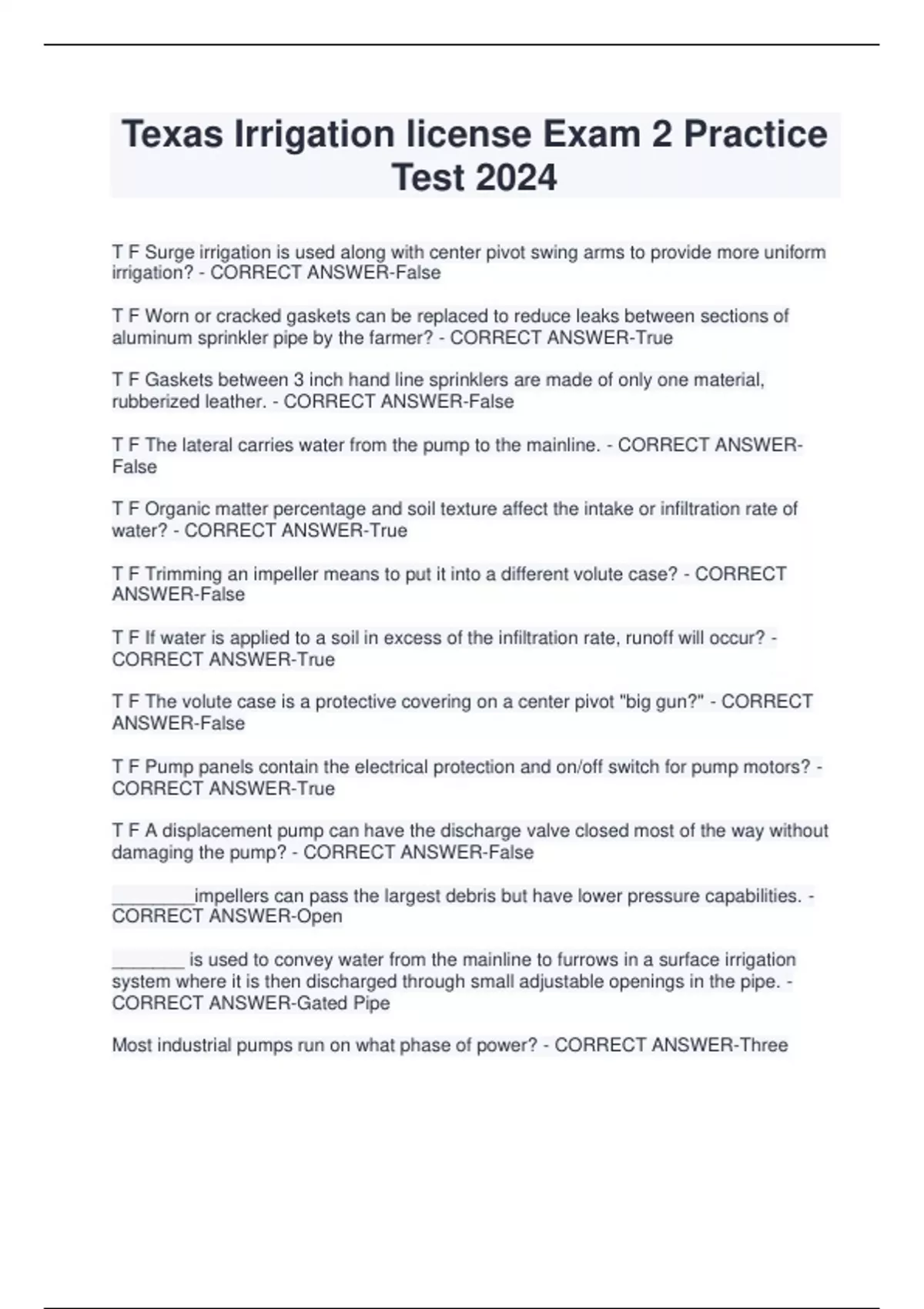 Texas Irrigation license Exam 2 Practice Test 2024 - Texas Irrigation license - Stuvia US