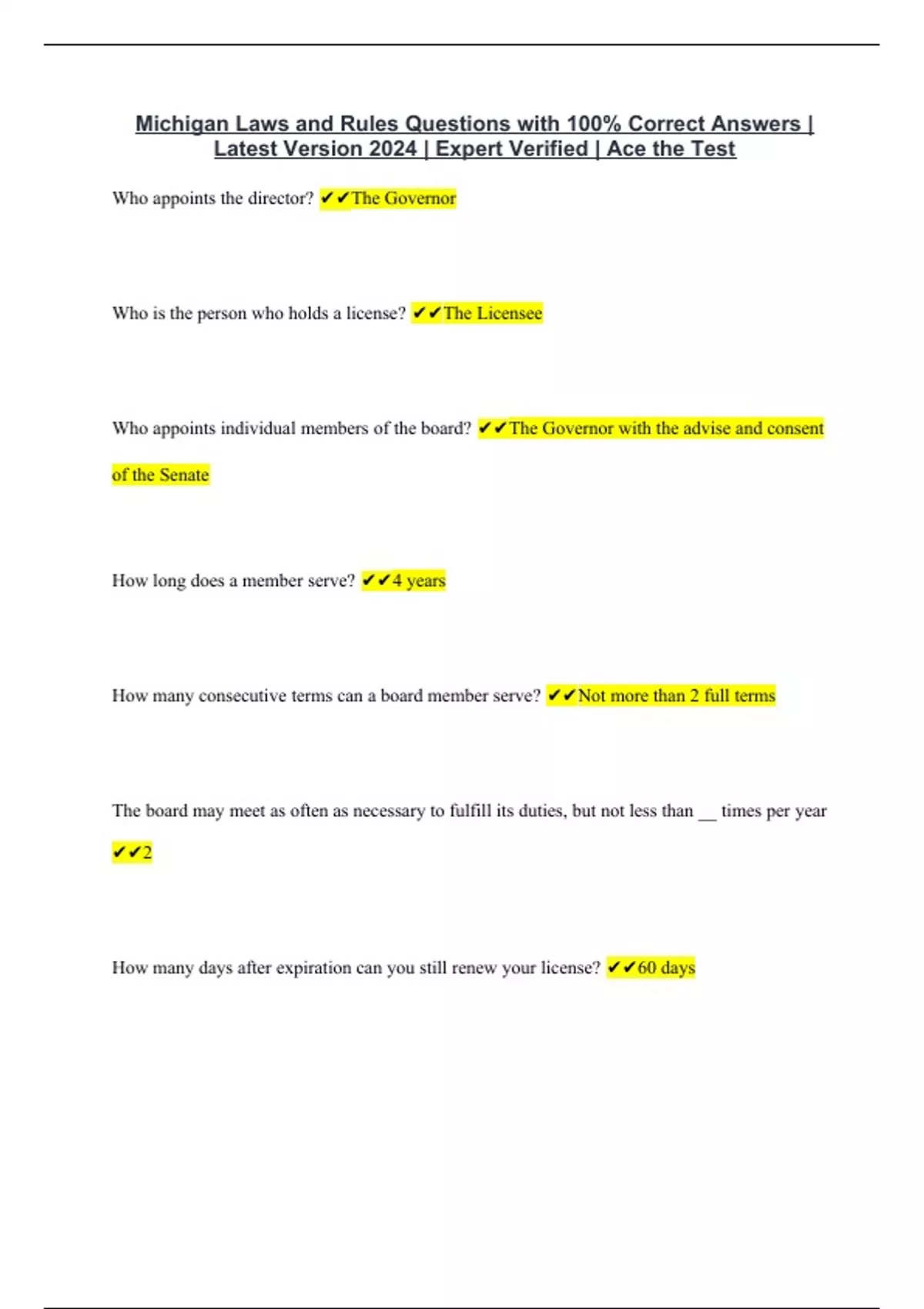 Michigan Laws and Rules Questions with 100 Correct Answers Latest