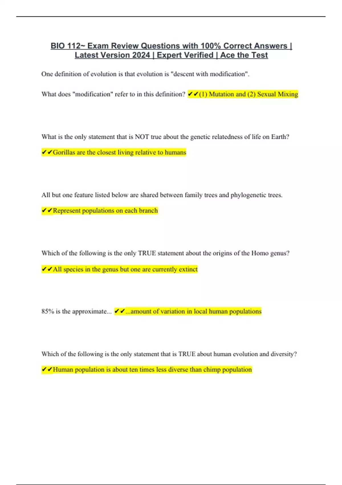 BIO 112~ Exam Review Questions with 100% Correct Answers | Latest ...