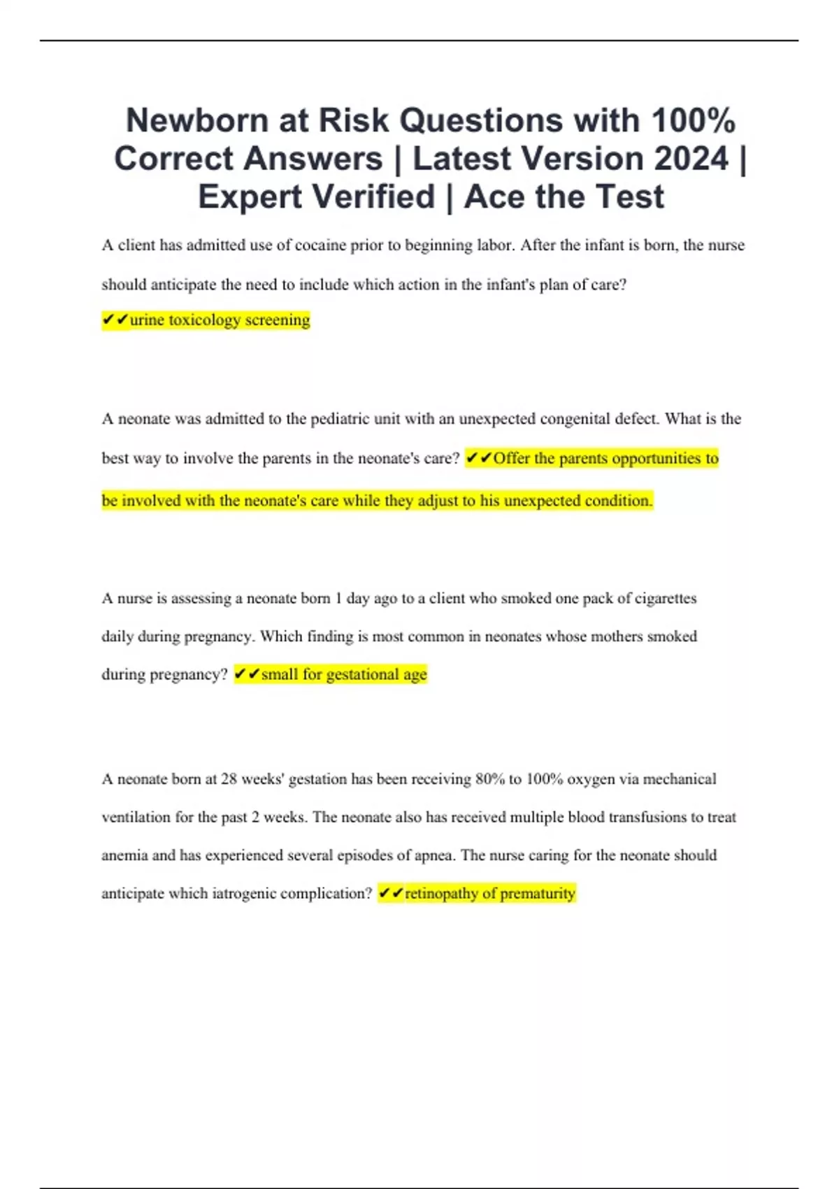 Newborn at Risk Questions with 100% Correct Answers | Latest Version ...