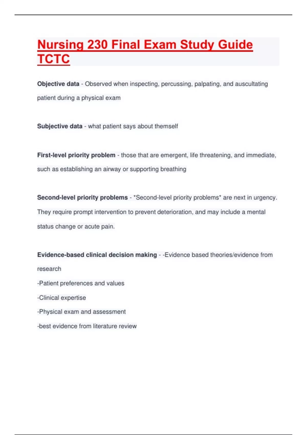 Nursing 230 Final Exam Study Guide TCTC.pdf - Fundamental Nursing ...