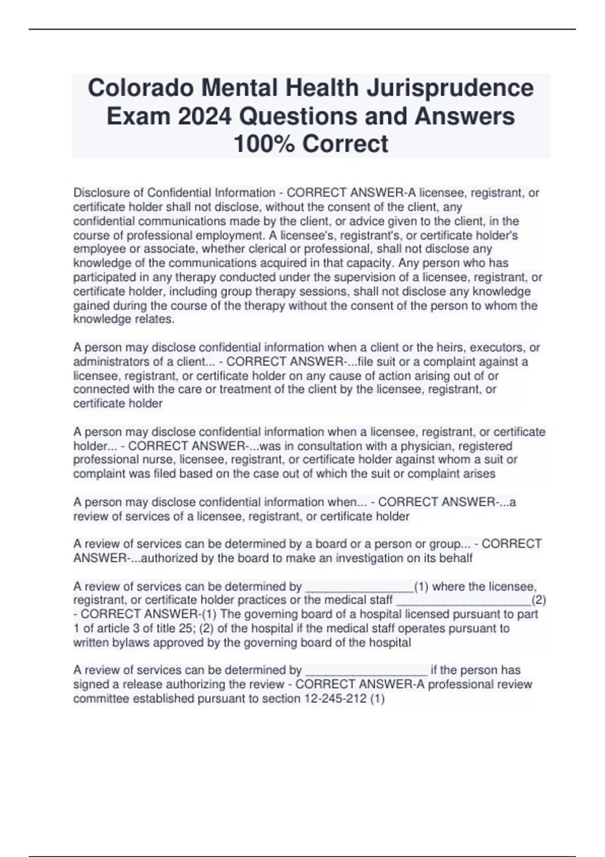 Colorado Mental Health Jurisprudence Exam 2024 Questions and Answers