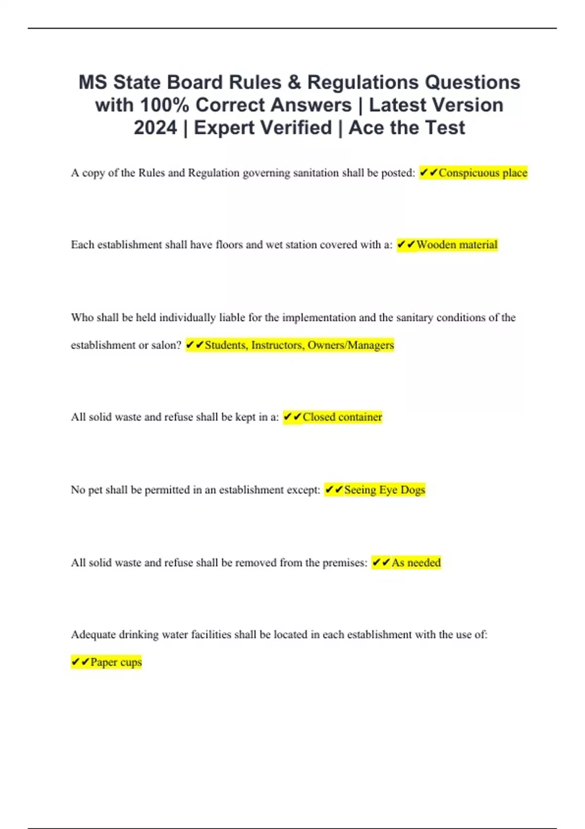 MS State Board Rules & Regulations Questions with 100% Correct Answers ...