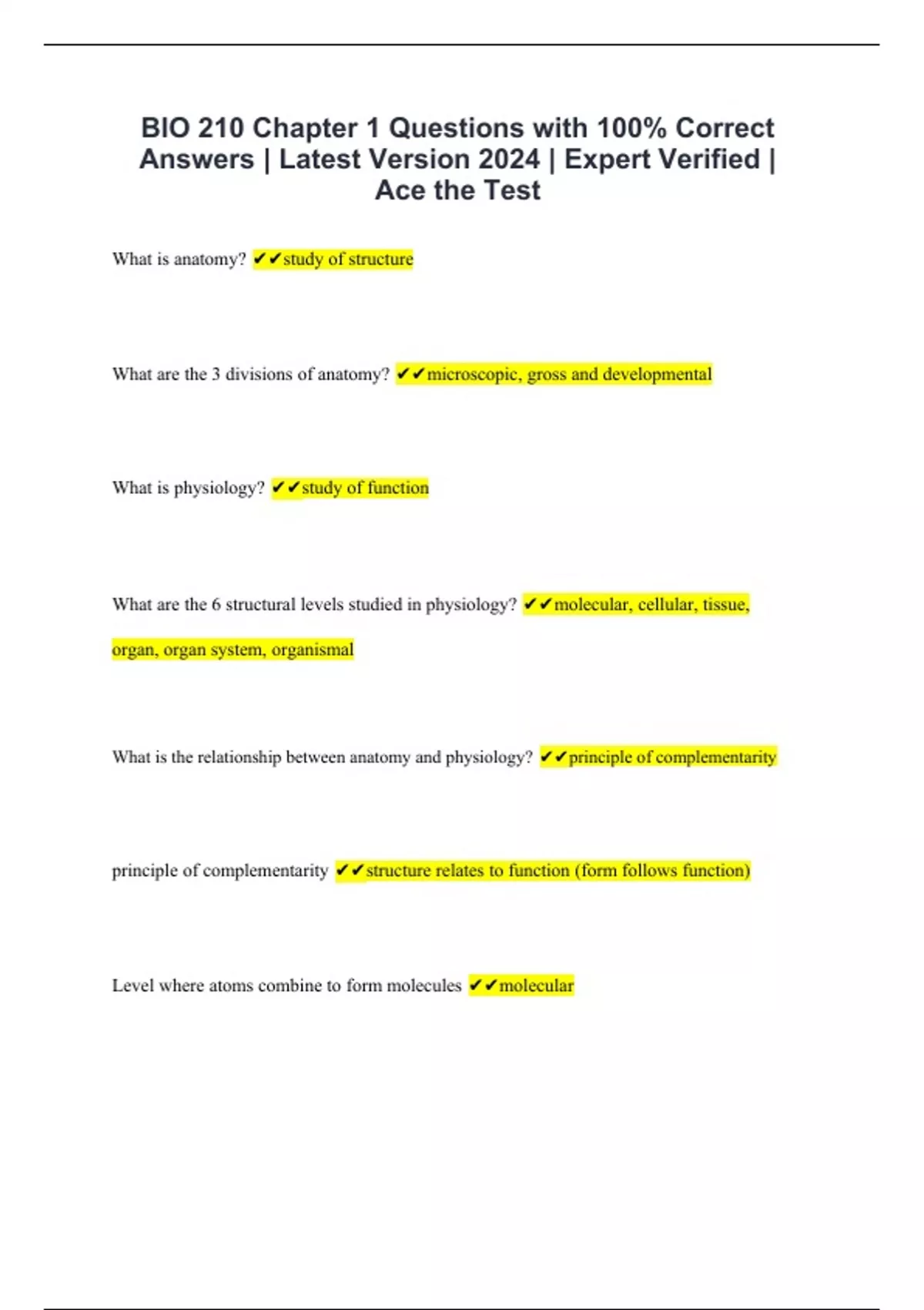 BIO 210 Chapter 1 Questions with 100% Correct Answers | Latest Version ...