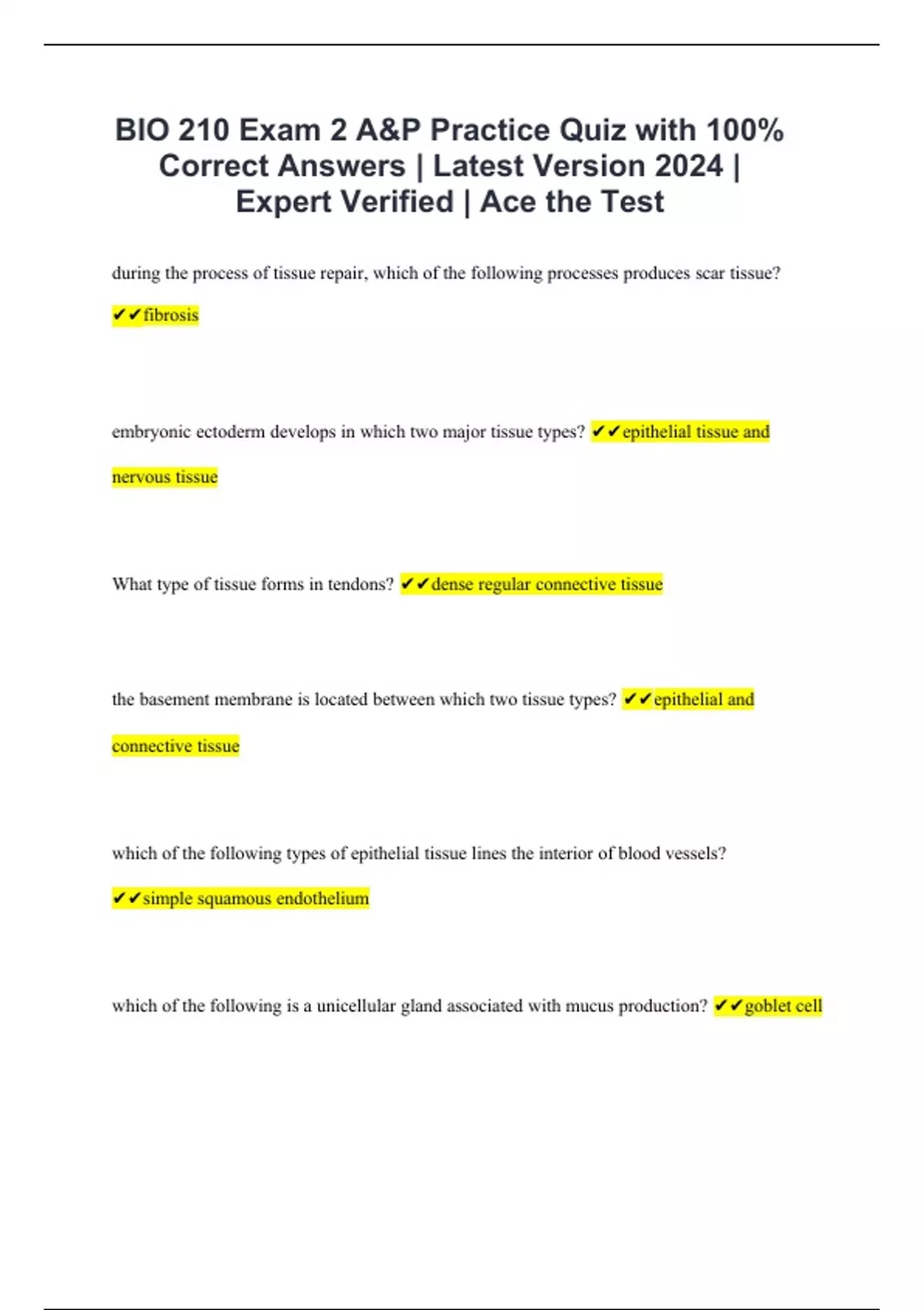 BIO 210 Exam 2 A&P Practice Quiz with 100% Correct Answers | Latest ...