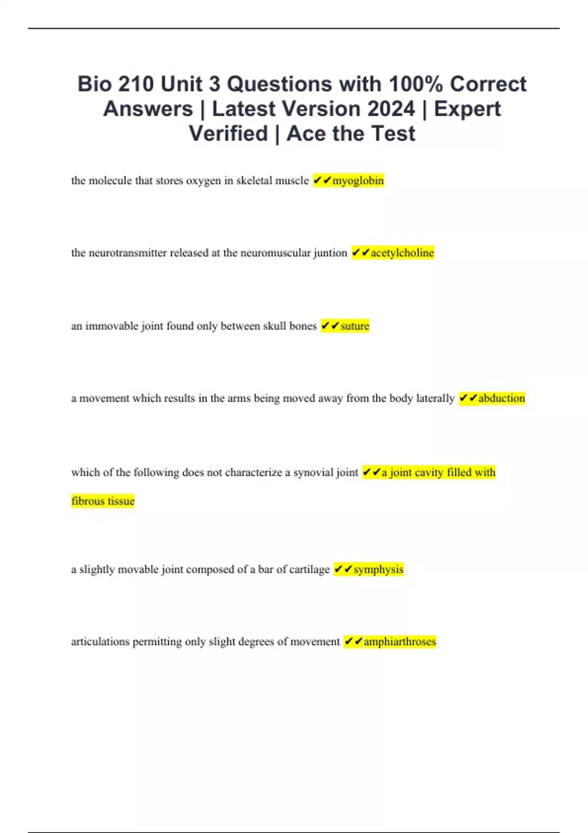 Bio 210 Unit 3 Questions with 100% Correct Answers | Latest Version ...