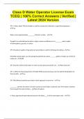 Class D Water Operator License Exam TCEQ &vert; 100&percnt; Correct Answers &vert; Verified &vert; Latest 2024 Version
