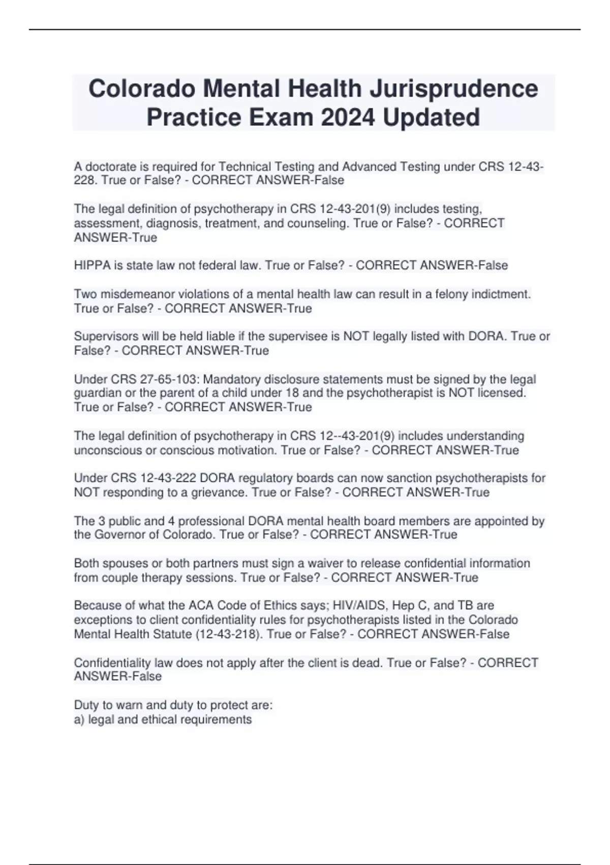 Colorado Mental Health Jurisprudence Practice Exam 2024 Updated Colorado Jurisprudence Stuvia US