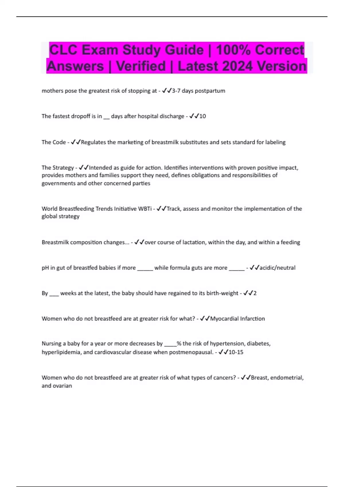 CLC Exam Study Guide | 100% Correct Answers | Verified | Latest 2024 ...