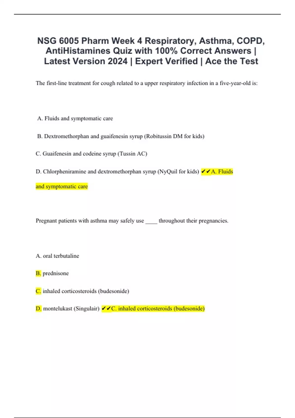 NSG 6005 Pharm Week 4 Respiratory, Asthma, COPD, AntiHistamines Quiz ...