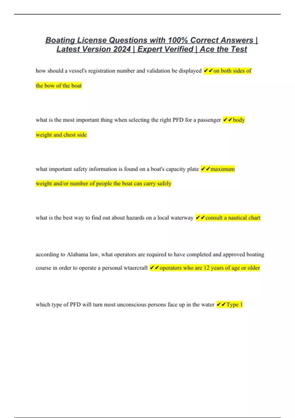 Boating License Questions with 100 Correct Answers Latest Version