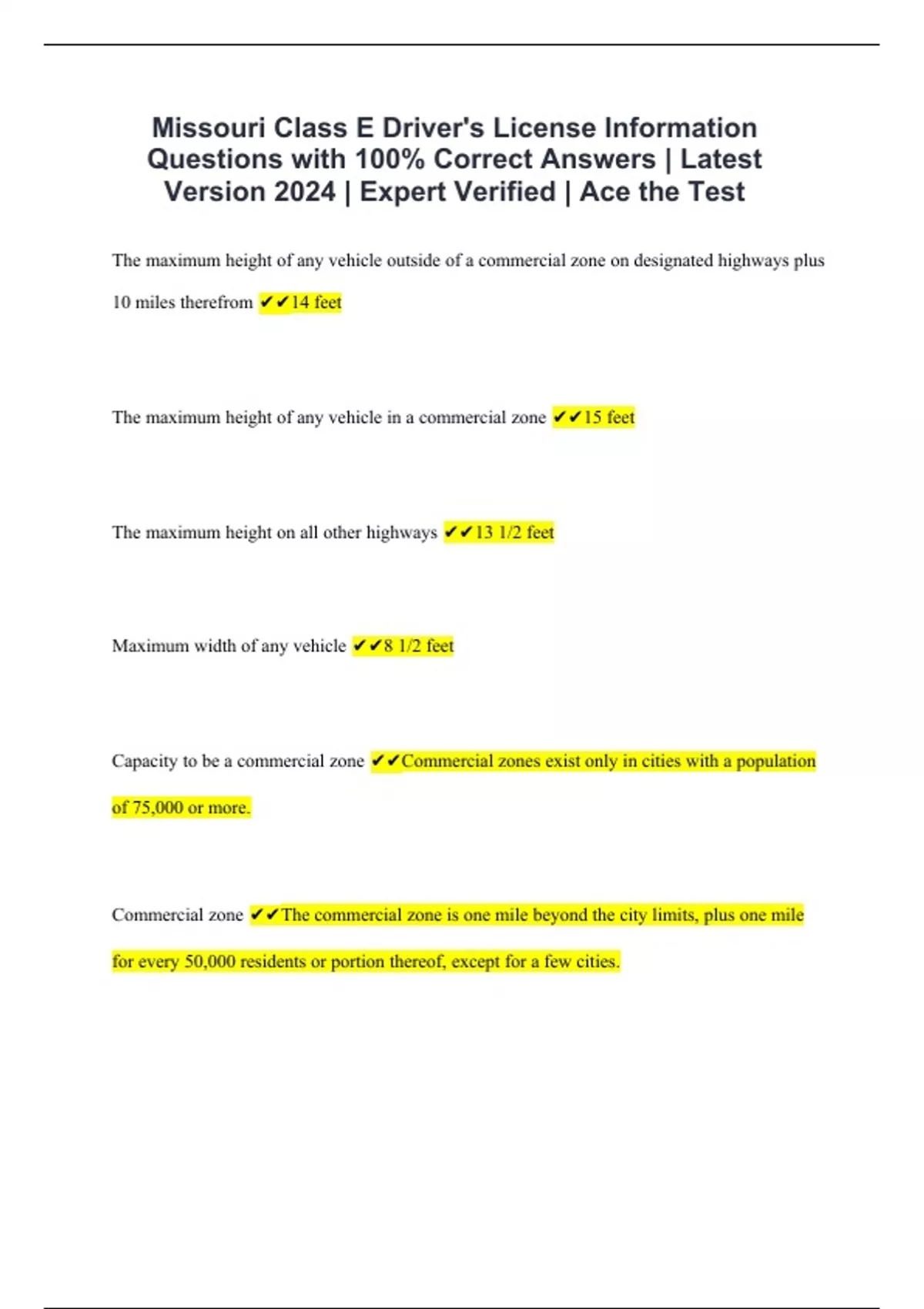Missouri Class E Driver's License Information Questions with 100