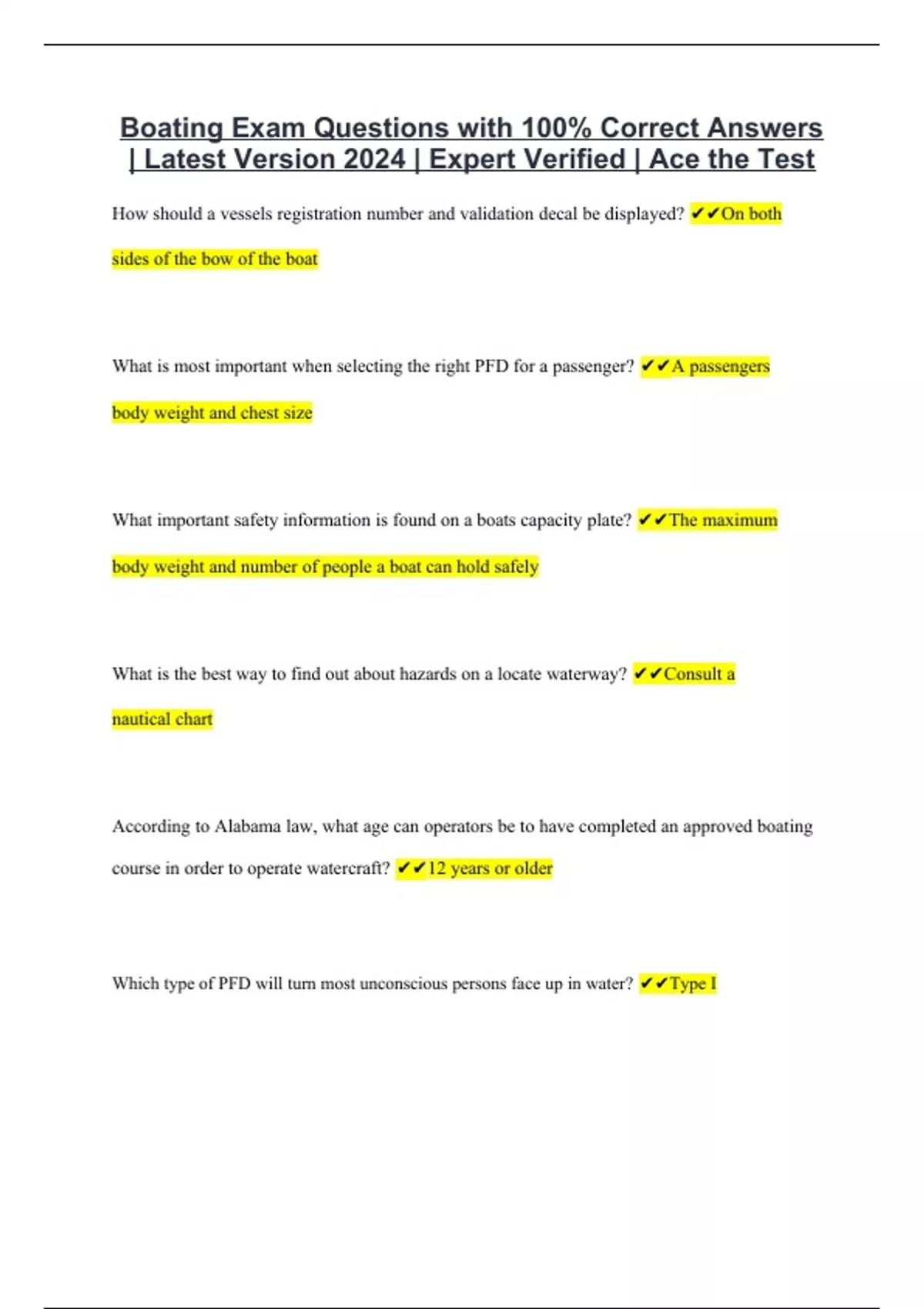 Boating Exam Questions with 100 Correct Answers Latest Version 2024