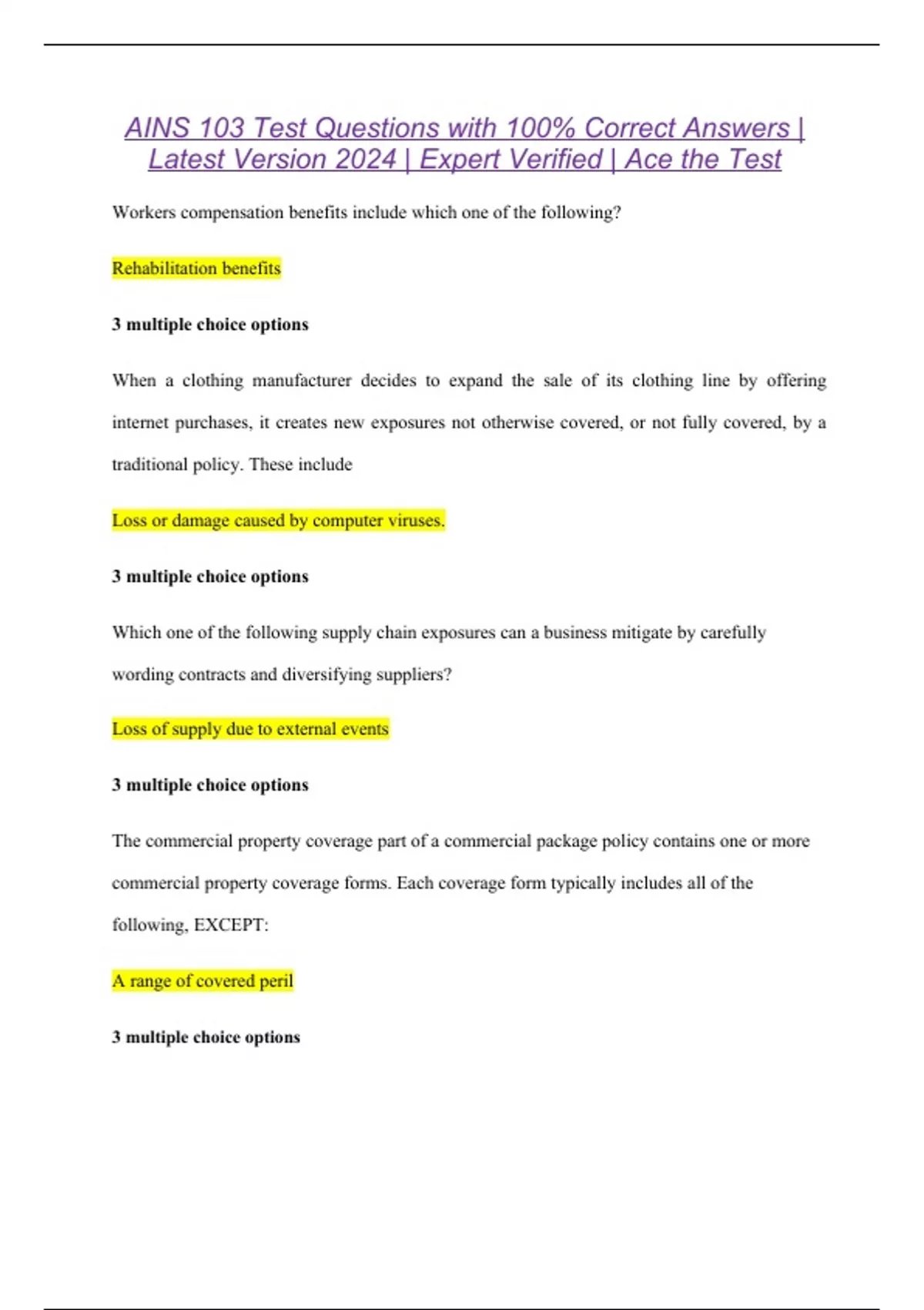 AINS 103 Test Questions with 100% Correct Answers | Latest Version 2024 ...