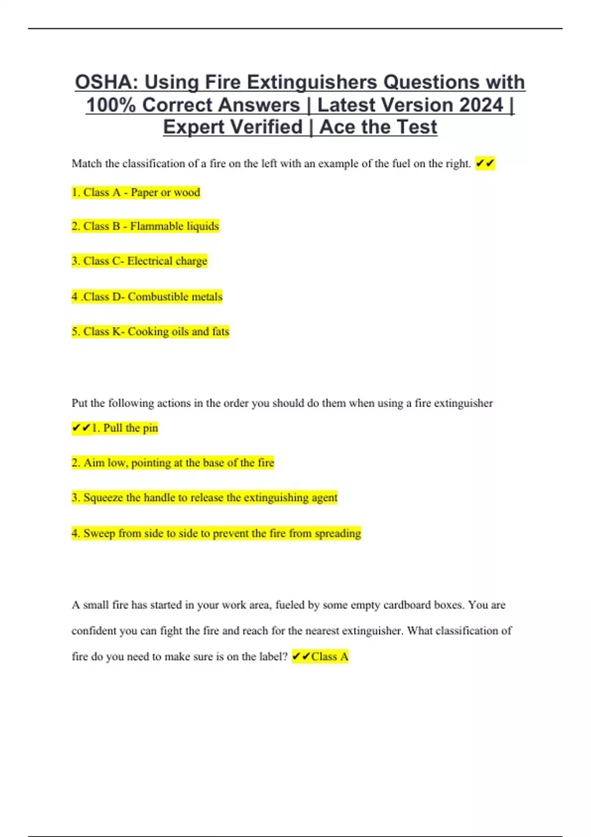 OSHA Using Fire Extinguishers Questions with 100 Correct Answers