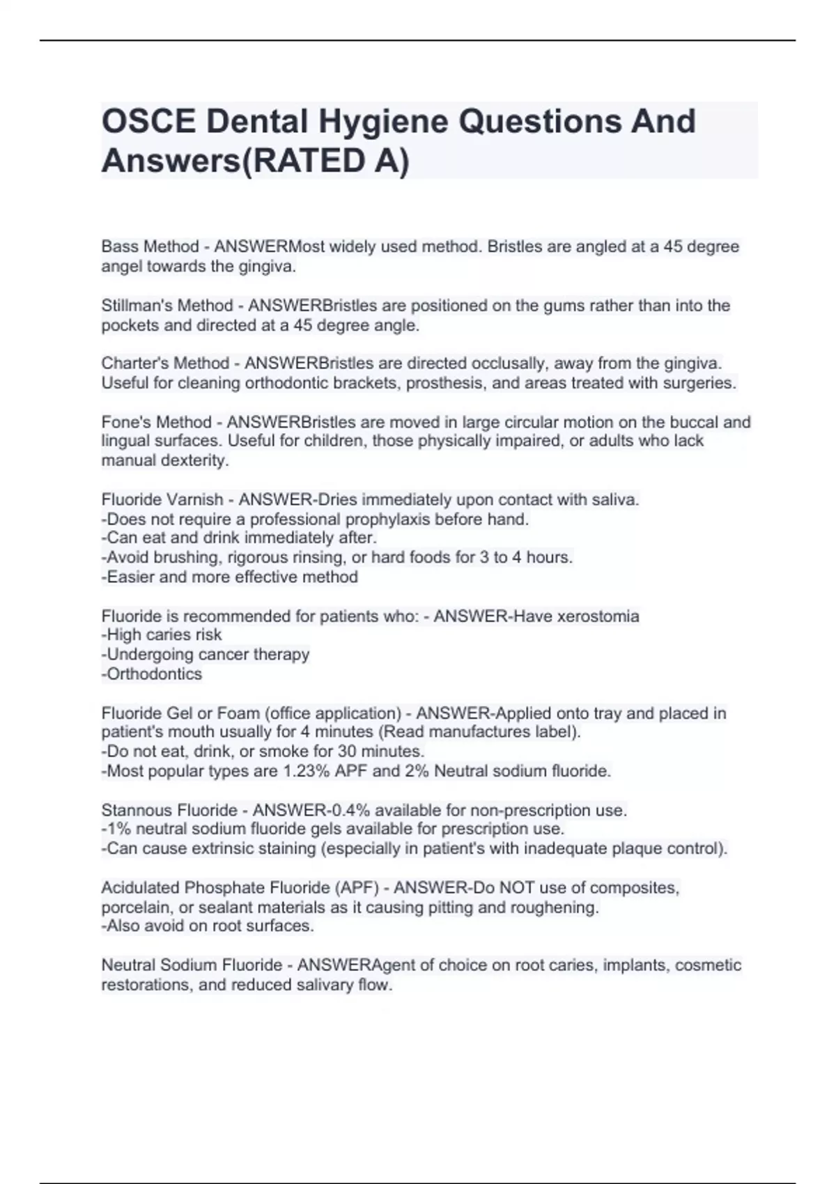 OSCE Dental Hygiene Questions And Answers(RATED A) OSCE Dental