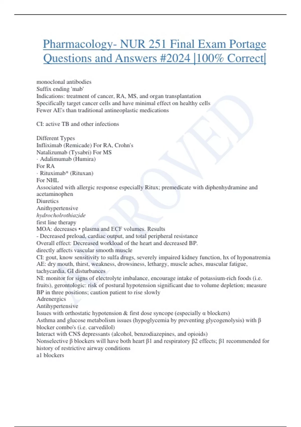 Pharmacology- NUR 251 Final Exam Portage Questions and Answers #2024 ...