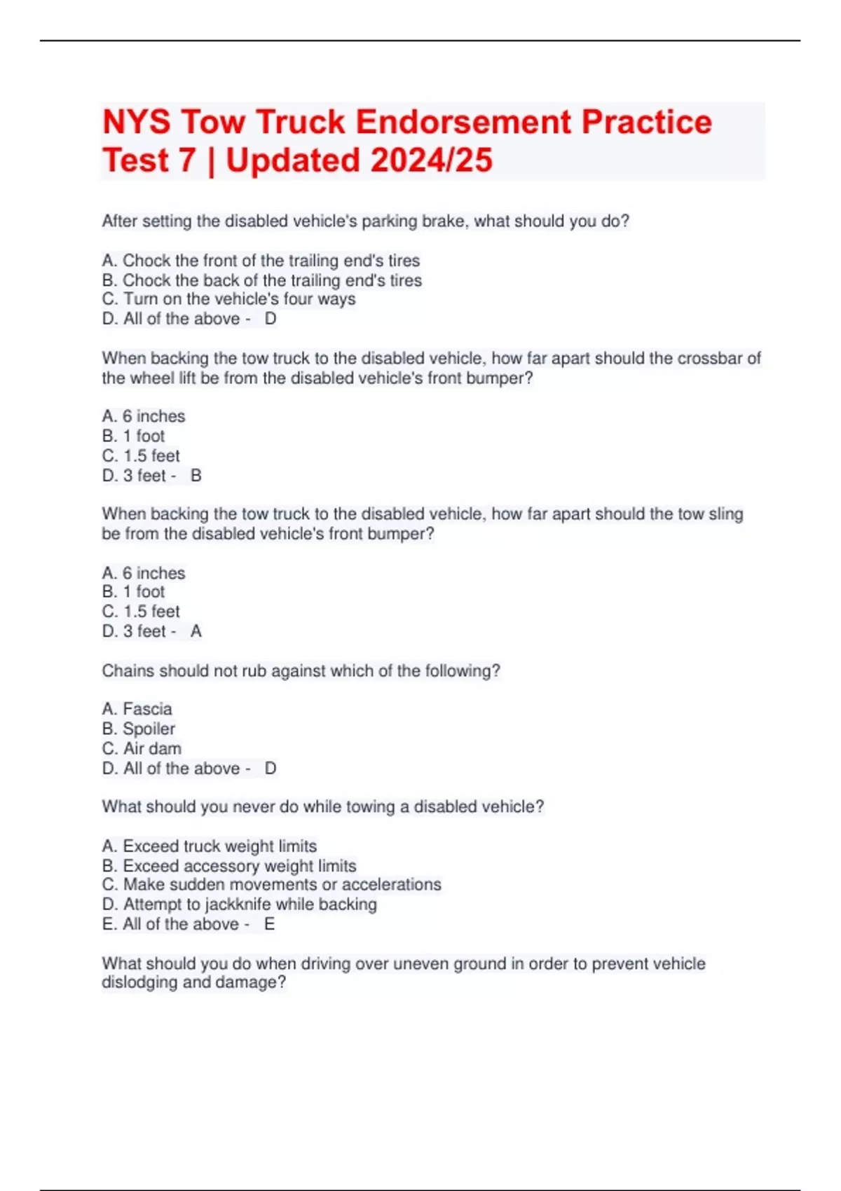 NYS Tow Truck Endorsement Practice Test 7 | Updated 2024/25 - NYS Tow Truck Endorsement - Stuvia US