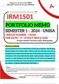 IRM1501 PORTFOLIO MEMO - MAY/JUNE 2024 - SEMESTER 1 - UNISA - DUE DATE :- 17 - 24 MAY 2024 (DETAILED ANSWERS WITH FOOTNOTES AND BIBLIOGRAPHY - DISTINCTION GUARANTEED!) 