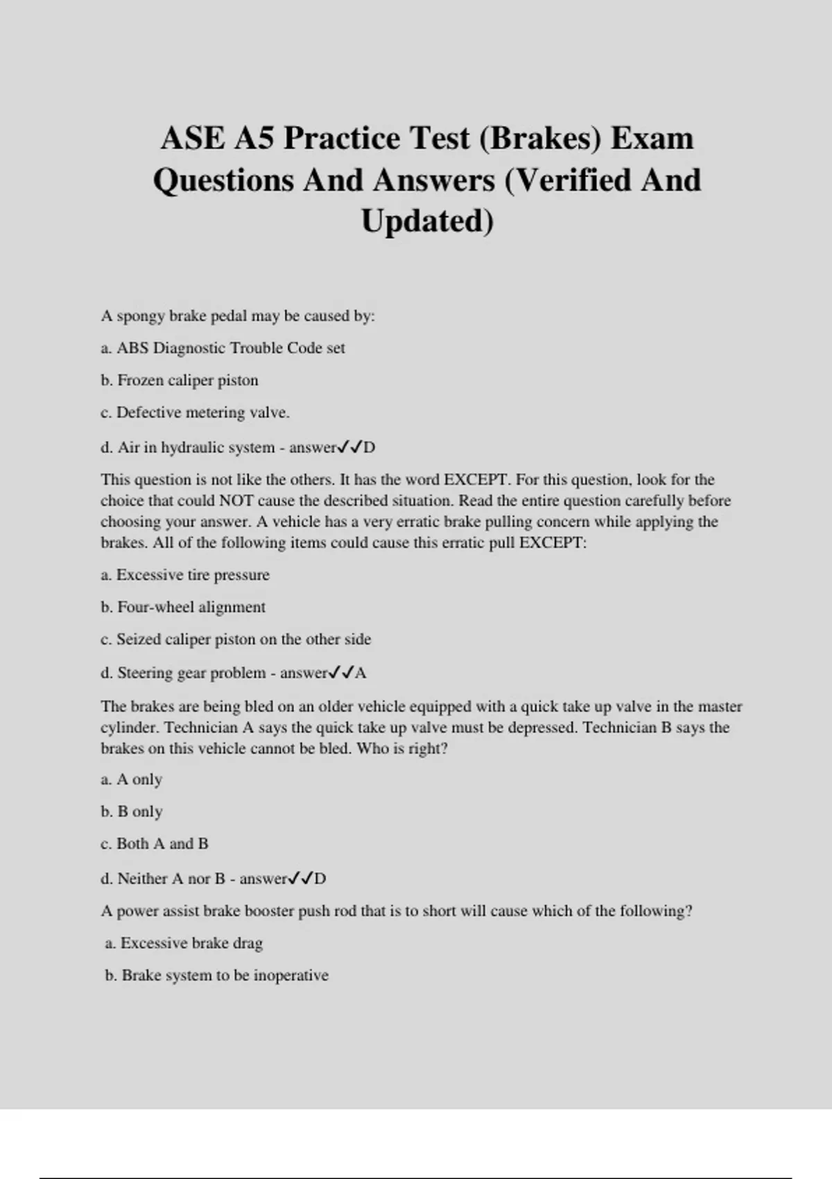 ASE A5 Practice Test (Brakes) Exam Questions And Answers (Verified And ...