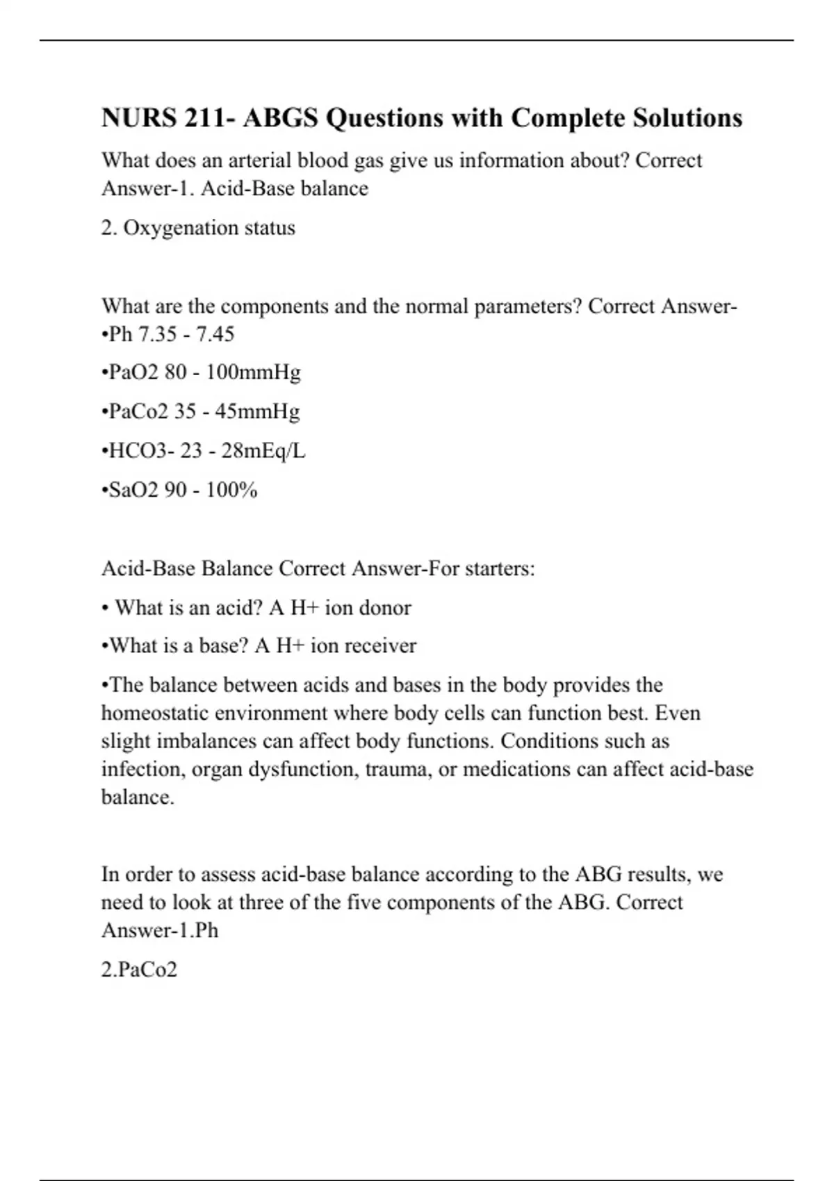 NURS 211- ABGS Questions with Complete Solutions - Nursing - Stuvia US