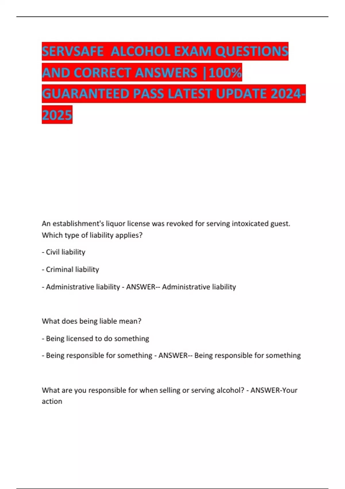 SERVSAFE ALCOHOL EXAM QUESTIONS AND CORRECT ANSWERS 100 GUARANTEED servsafe-alcohol-exam-questions-and-correct-answers-100-guaranteed