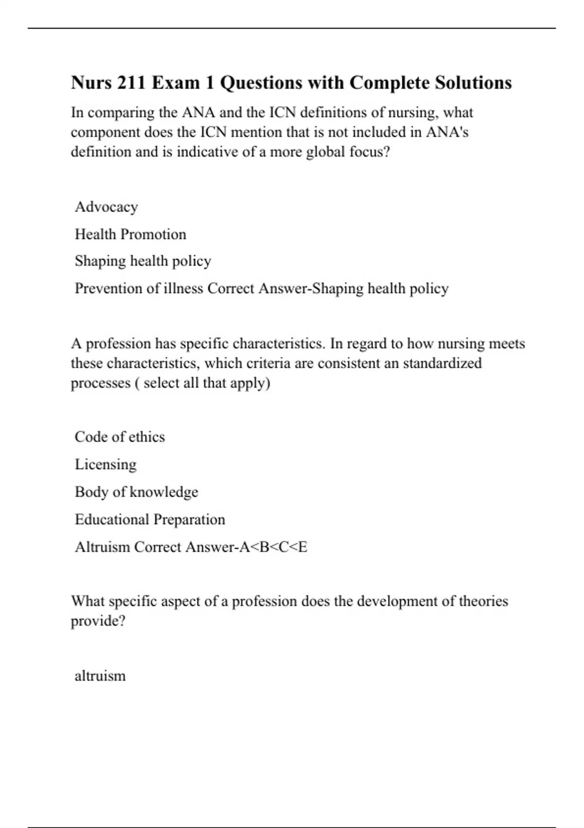 Nurs 211 Exam 1 Questions with Complete Solutions - Nursing - Stuvia US